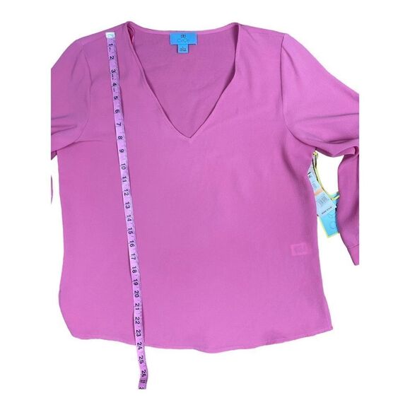 CeCe Bow Tie Cuff 3/4 Sleeves Crepe V Neck Blouse Top Pink Sz S Barbiecore New - Picture 3 of 8